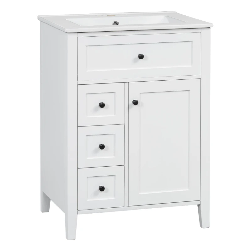 Sleek Bathroom Vanity with Tip-Out Top Drawer and 3 Pull-Out Drawers, Stylish Cabinet with Freestanding Design, 24" L x 18.5" W x 34" H, White