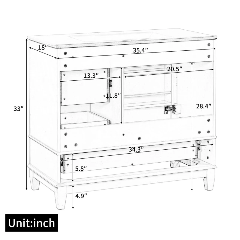 Spacious Bathroom Vanity with 3 Drawers and One-Door Cabinet, Freestanding Cabinet for Small Bathrooms, 36" L x 18.5" W x 33.5" H, Gray