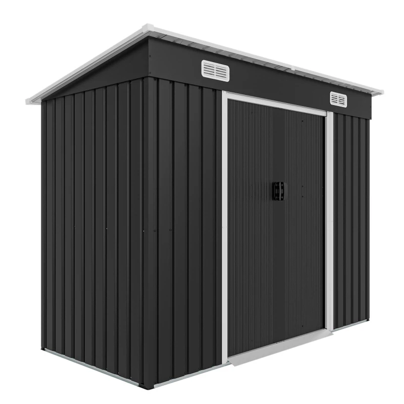 Outdoor Metal Storage Shed with Sliding Double Doors, Galvanized Steel Tool House with Lock‑Ready Holes, 94'' L x 48.5'' W x 71'' H, Black