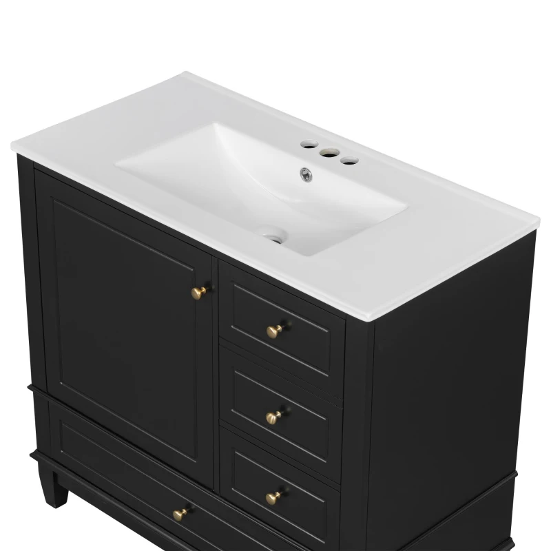 Spacious Bathroom Vanity with 3 Drawers and One-Door Cabinet, Freestanding Cabinet for Small Bathrooms, 36" L x 18.5" W x 33.5" H, Black