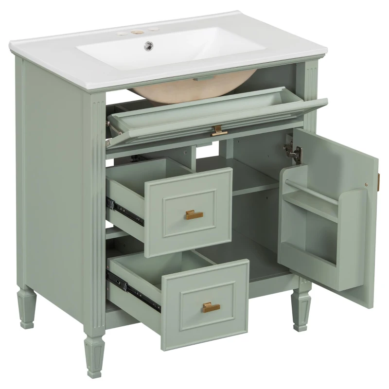 Spacious Vanity with Tip-Out Top Drawer and 2 Left-Side Drawers, Ideal Cabinet for Small-To-Medium Bathrooms, 30" L x 18.5" W x 33.5" H, Green