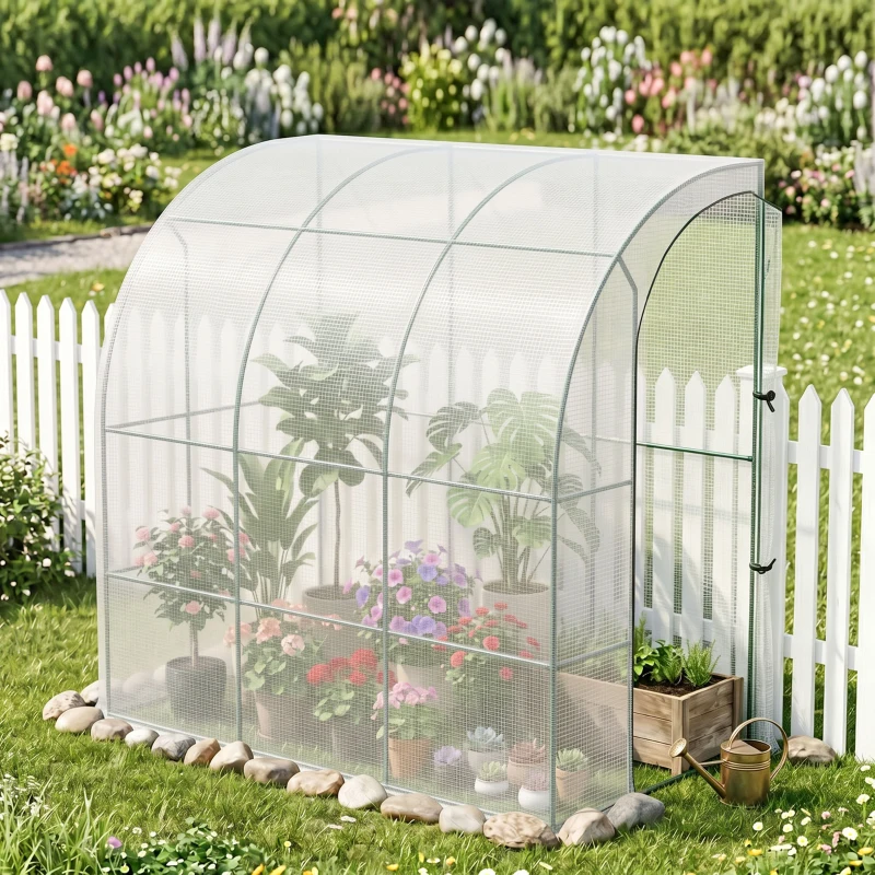 Outsunny 7' x 4' x 7' Outdoor Lean to Greenhouse, Walk-In Green House Plant Nursery with Roll-up Window, PE Cover, White