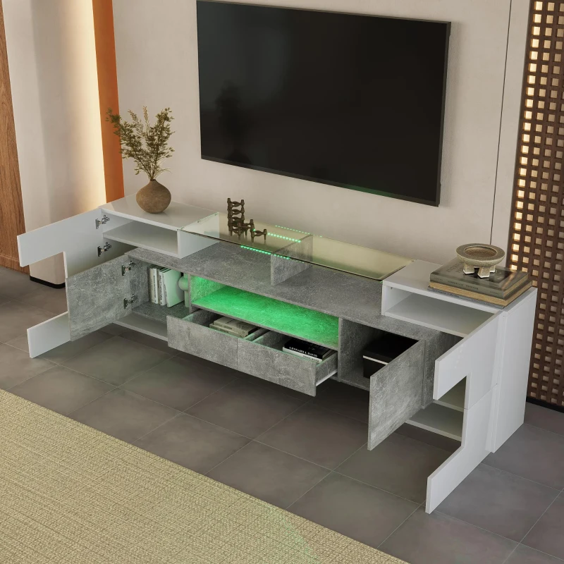 Spacious TV Stand with 6 Doors and 2 Drawers, Stylish Lowboard for Living Rooms, 78.5" L x 13.5" W x 23.5" H, White+Gray