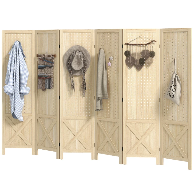 HOMCOM Wooden Room Divider with Pegboard Display, 6 Panel Folding Privacy Screen for Home Office, Natural Wood
