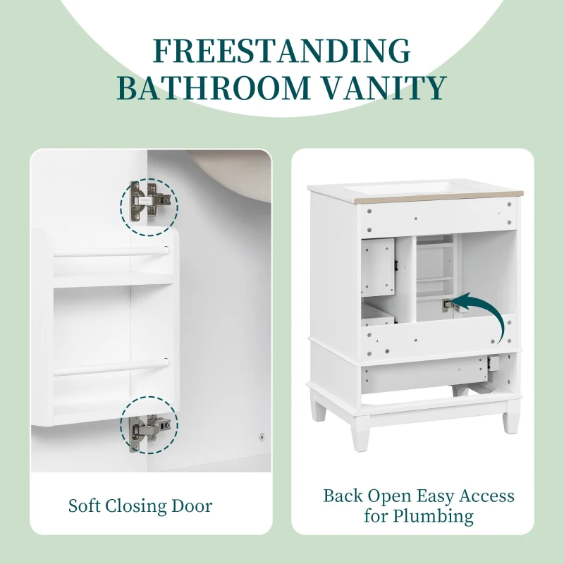 Spacious Bathroom Vanity with 3 Drawers and One-Door Cabinet, Freestanding Cabinet for Small Bathrooms, 24" L x 18.5" W x 34" H, White