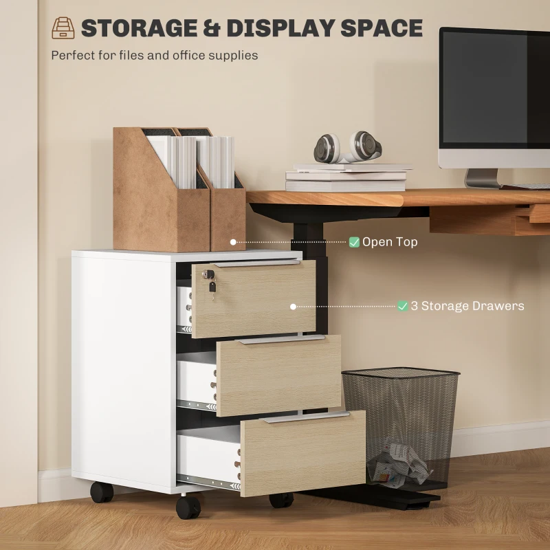 HOMCOM 3 Drawer File Cabinet with Wheels, Vertical Filing Cabinet with Lock, Oak