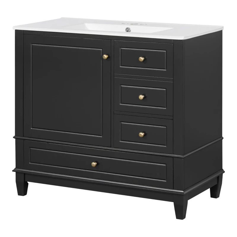 Spacious Bathroom Vanity with 3 Drawers and One-Door Cabinet, Freestanding Cabinet for Small Bathrooms, 36" L x 18.5" W x 33.5" H, Black