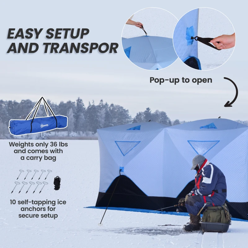 Outsunny 5-8 Person Ice Fishing Shelter, Pop-up Ice Fishing Tent, Ice Shanty, Portable and Insulated, with 2 Doors and Carrying Bag, Light Blue