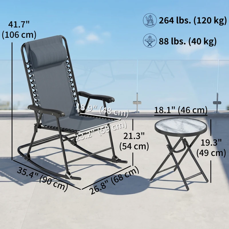 Outsunny 3pc Patio Rocking Chair Set, Folding Outdoor Rocking Chairs and Table Bistro Set w/ Breathable Mesh Seat & Backrest, Headrest for Park, Backyard, Garden, Grey