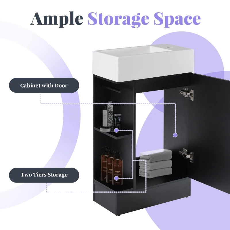 Practical Bathroom Vanity with 2-Tier Storage Shelves and Toilet Paper Holder, Compact Cabinet for Small Bathrooms, 18.5" L x 10.5" W x 33" H, Black