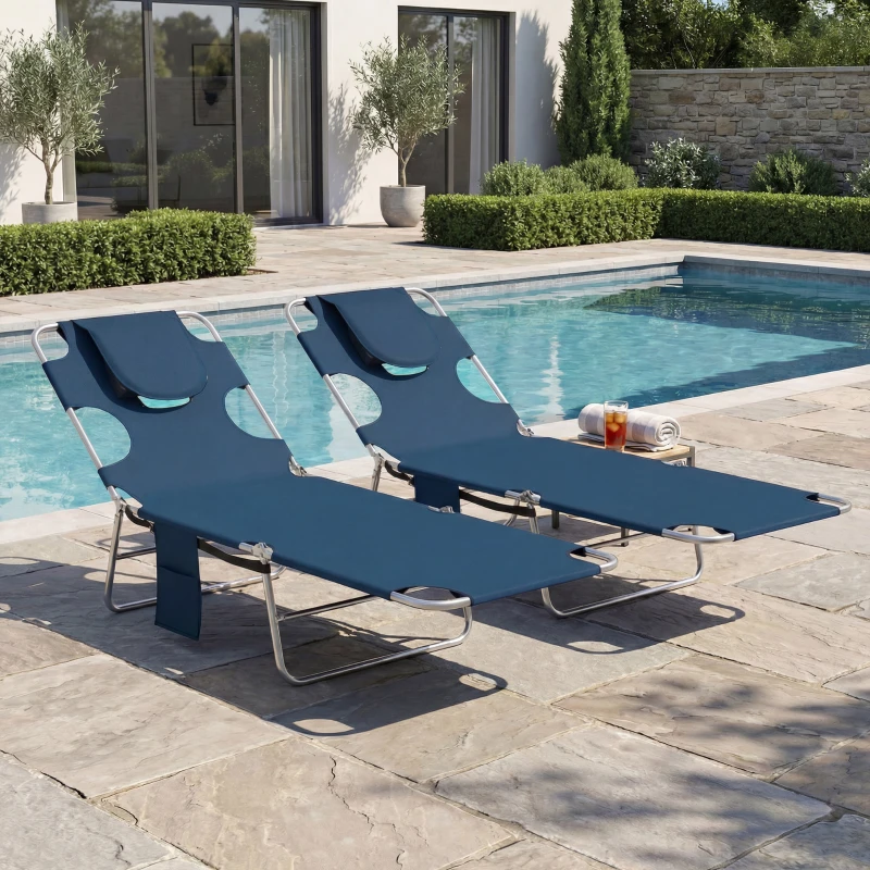 Outsunny 2 Tanning Chairs with Face Hole, 5-Level Adjustable Outdoor Chaise Lounge Chair with Pillow for Beach, Pool, Dark Blue