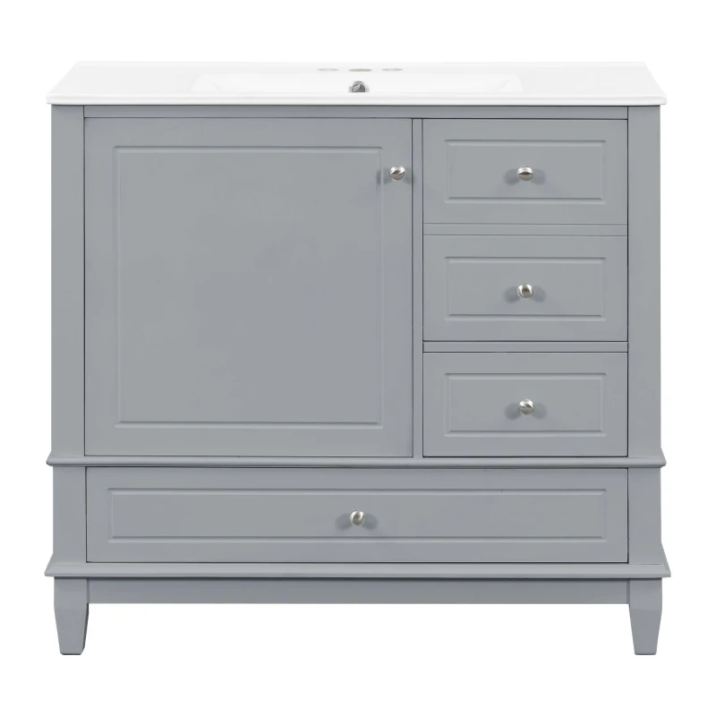 Spacious Bathroom Vanity with 3 Drawers and One-Door Cabinet, Freestanding Cabinet for Small Bathrooms, 36" L x 18.5" W x 33.5" H, Gray