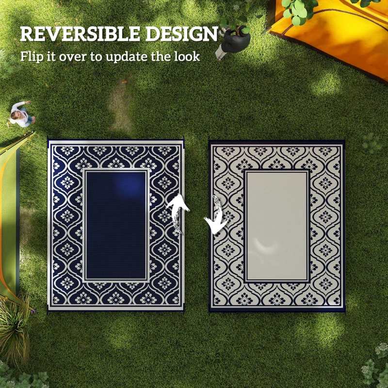 Outsunny 8' x 10' Outdoor RV Rug, Reversible Patio Floor Mat with Carry Bag, Gourd Border, Blue and White