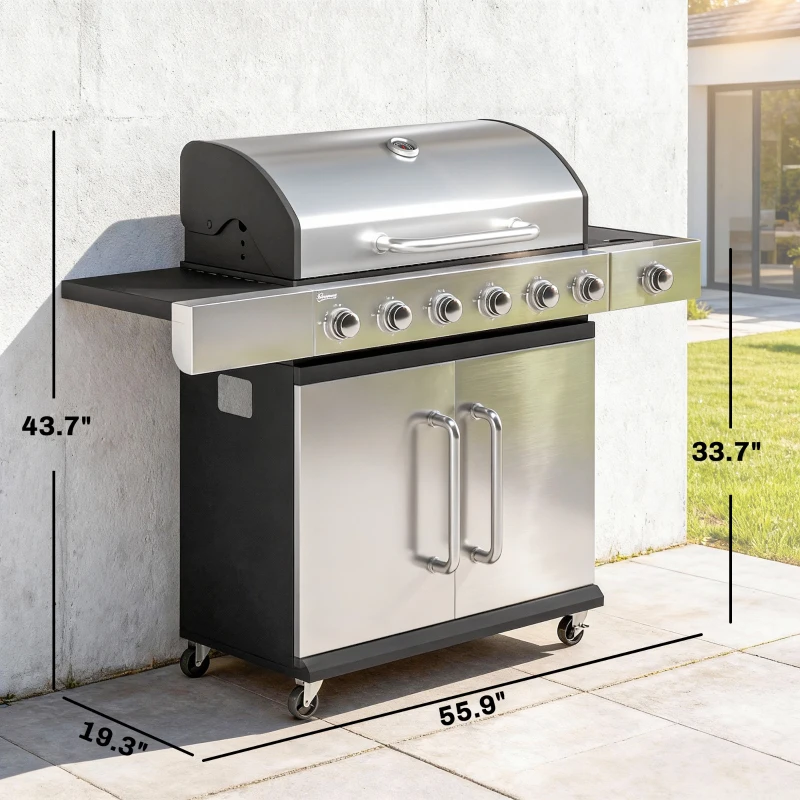 Outsunny 6 Burner Propane Gas Grill with Side Burner, Barbecue Grill with Cast Iron Grates, Wheels, Side Tables, Cabinet