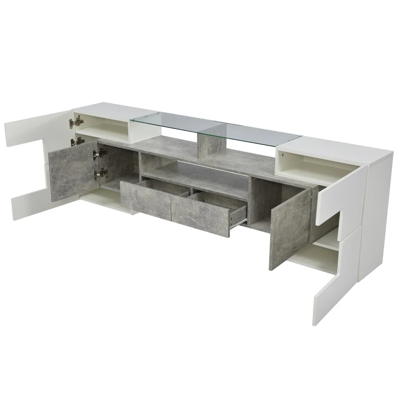 Spacious TV Stand with 6 Doors and 2 Drawers, Stylish Lowboard for Living Rooms, 78.5" L x 13.5" W x 23.5" H, White+Gray