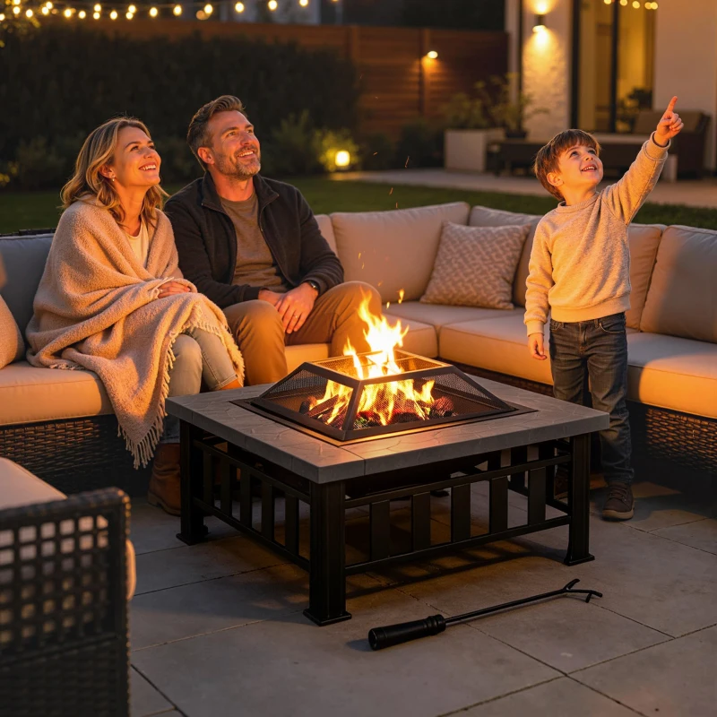 Outsunny 34" Outdoor Fire Pit Square Steel Wood Burning Firepit Bowl with Spark Screen, Waterproof Cover, Log Grate, Poker for Backyard, Camping, BBQ, Bonfire