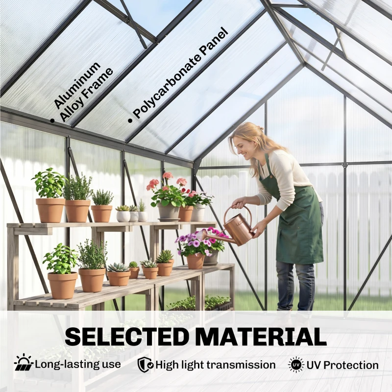 Outsunny 6' x 12' x 6.5' Polycarbonate Greenhouse, Walk-in Green House with Aluminum Frame Adjustable Roof Vent Galvanized Base Sliding Door Rain Gutter for Outdoor Garden, Grey
