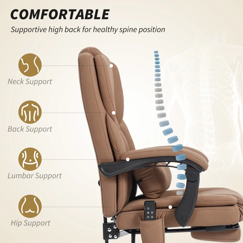 HOMCOM Office Chair with Massage, Pet-Friendly Faux Leather Reclining Desk Chair with Lumbar Support, Footrest, Brown
