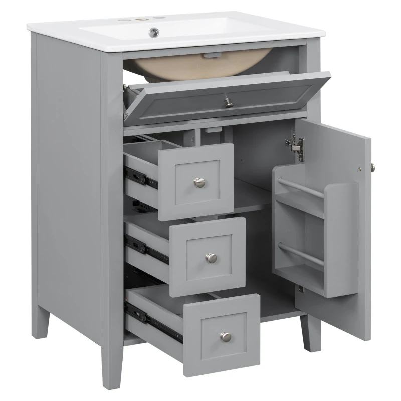 Sleek Bathroom Vanity with Tip-Out Top Drawer and 3 Pull-Out Drawers, Stylish Cabinet with Freestanding Design, 24" L x 18.5" W x 34" H, Gray