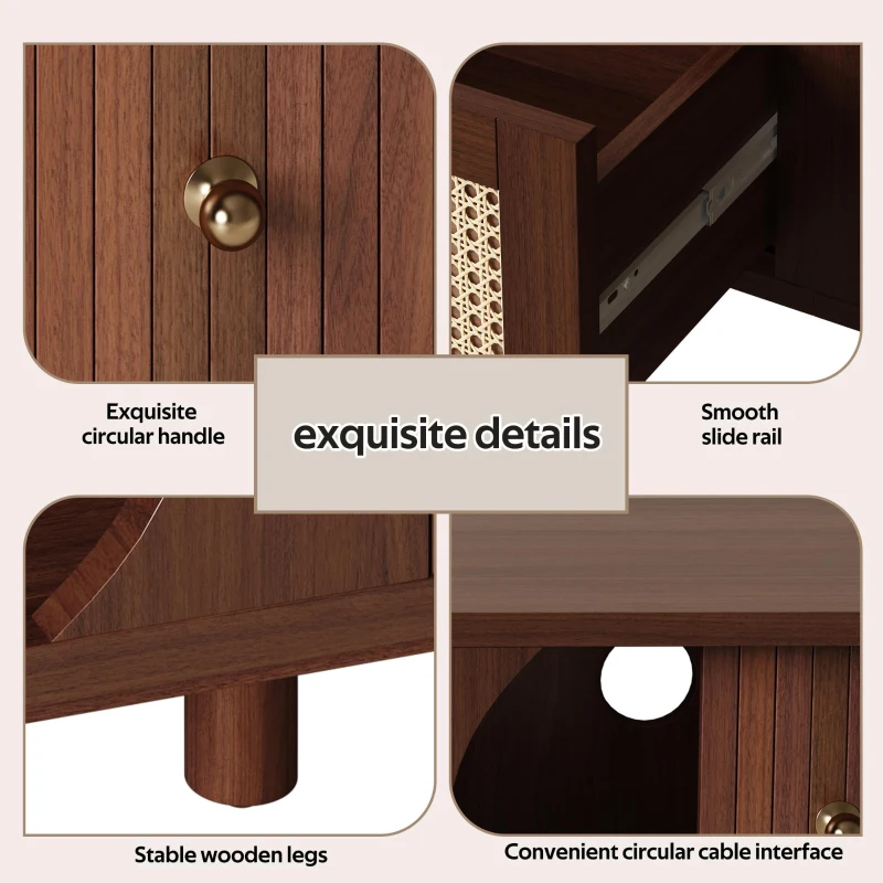 Rattan TV Cabinet with MDF Body and Solid Wood Legs, Bamboo Slat TV Stand with Sliding Door, 67'' L x 15.5'' W x 15'' H, Wood
