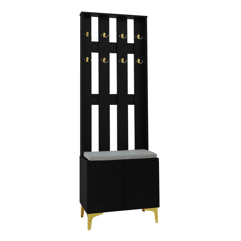 Coat Rack and Shoe Bench Set with Cushioned Seat and Adjustable Shelves, Entry Storage Unit with Wave-Panel Doors, 21.5'' L x 14'' W x 68.5'' H, Black