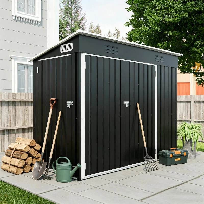 Galvanized Steel Outdoor Storage Shed with Ventilated Top Vents, Weatherproof Utility Shed with 3 Access Doors, 89'' L x 43'' W x 71'' H, Black