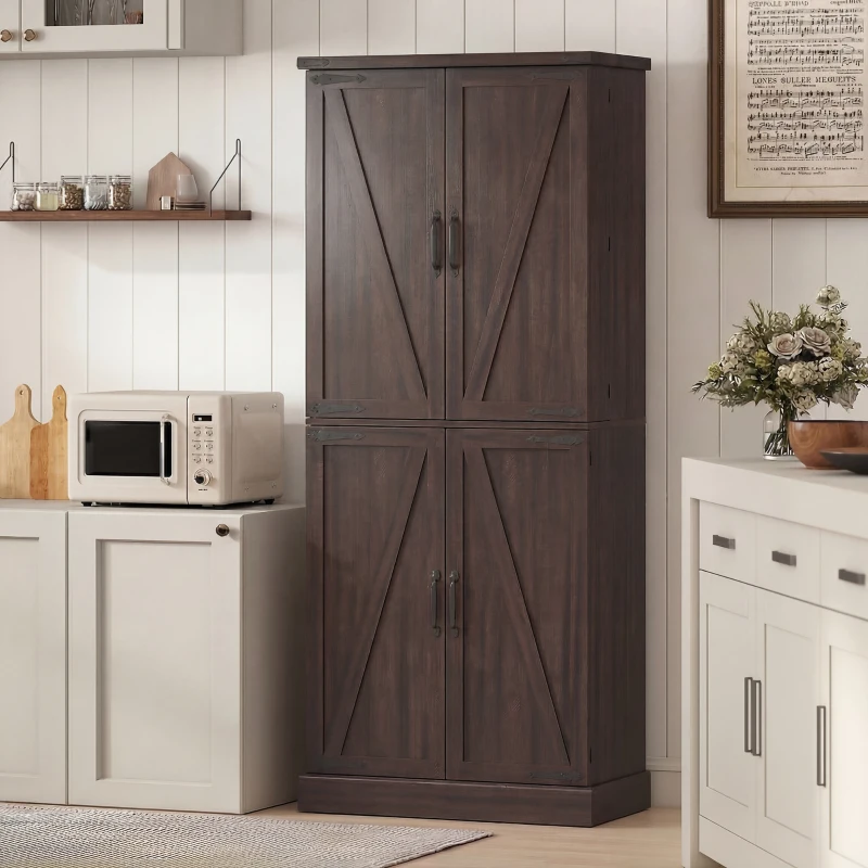 HOMCOM 72" Tall Kitchen Pantry Cabinet, Farmhouse Storage Cabinet with 8 Door Racks and Adjustable Shelves, Distressed Brown