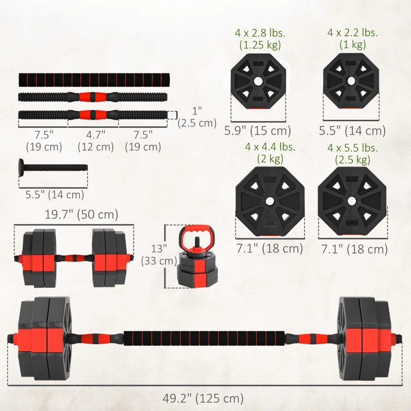 Soozier 6-in-1 Adjustable Dumbbell Set, Used as Kettlebell, Barbell, Dumbbell, Push-Up Stand, 66lbs Free Weights Set, Red