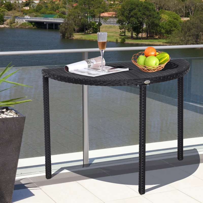 Outsunny Half Round Side Table, PE Rattan Coffee Table with Metal Frame for Patio, Garden, Balcony, Black