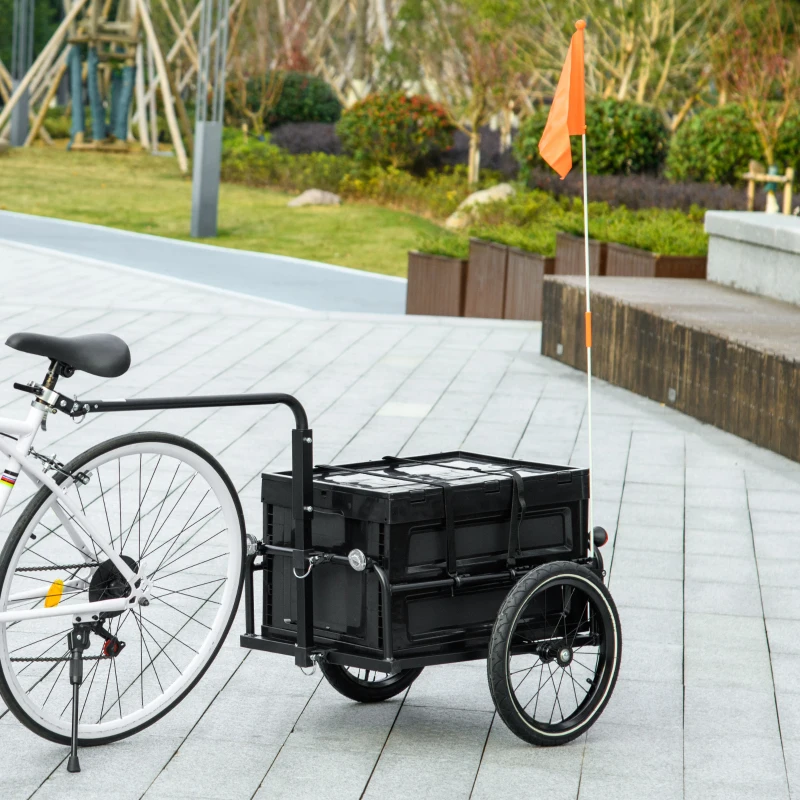 Aosom Steel Trailer for Bike, Bicycle Cargo Trailer with Foldable Storage Box and Safe Reflectors, Max Load 88LBS, Black