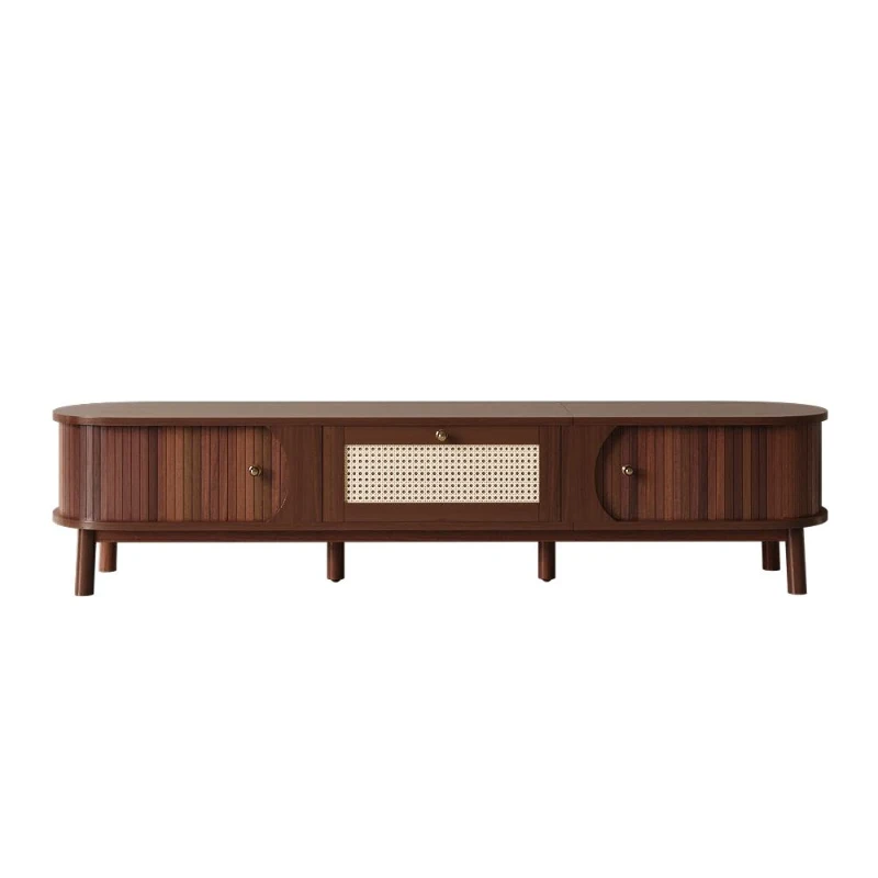 Rattan TV Cabinet with MDF Body and Solid Wood Legs, Bamboo Slat TV Stand with Sliding Door, 67'' L x 15.5'' W x 15'' H, Wood