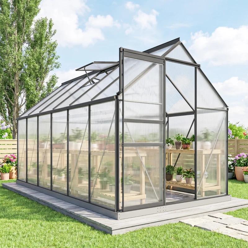 Outsunny 6' x 12' x 6.5' Polycarbonate Greenhouse, Walk-in Green House with Aluminum Frame Adjustable Roof Vent Galvanized Base Sliding Door Rain Gutter for Outdoor Garden, Grey