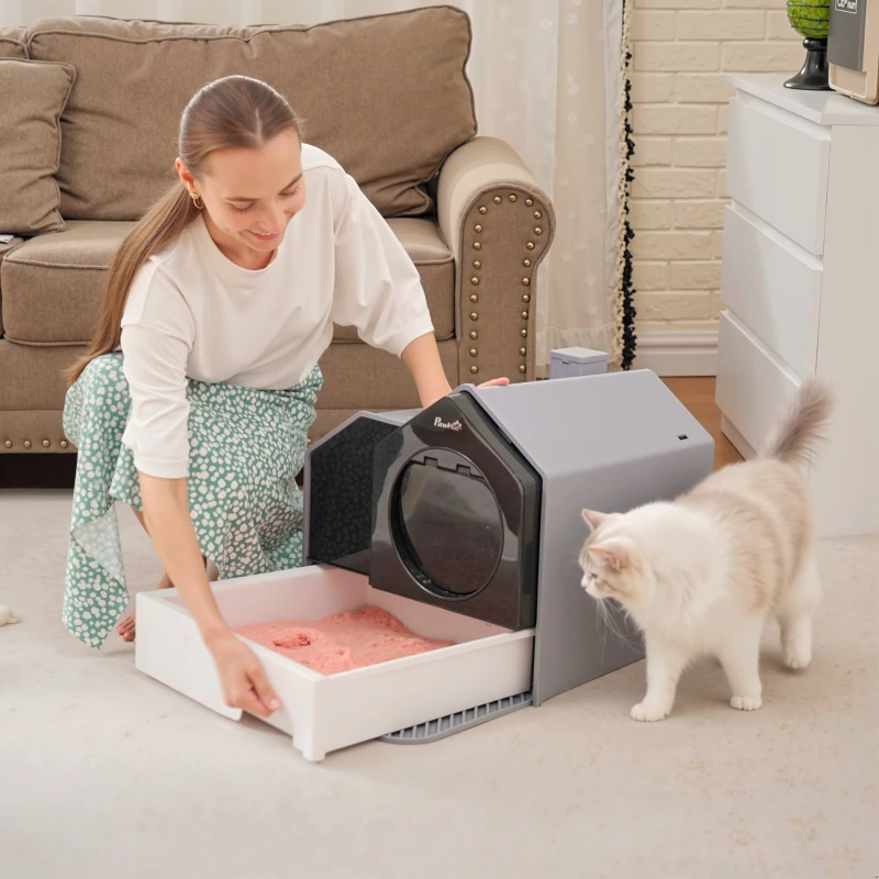 PawHut Hooded Cat Litter Box w/ Litter Mat, Litter Particle Catching, Gray