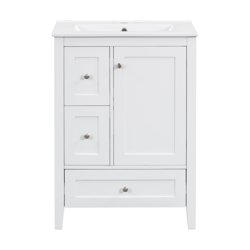 Ample Bathroom Vanity with 2 Upper Drawers and Removable Bottom Drawer, Ideal Cabinet for Small Bathrooms, 24" L x 18.5" W x 34" H, White