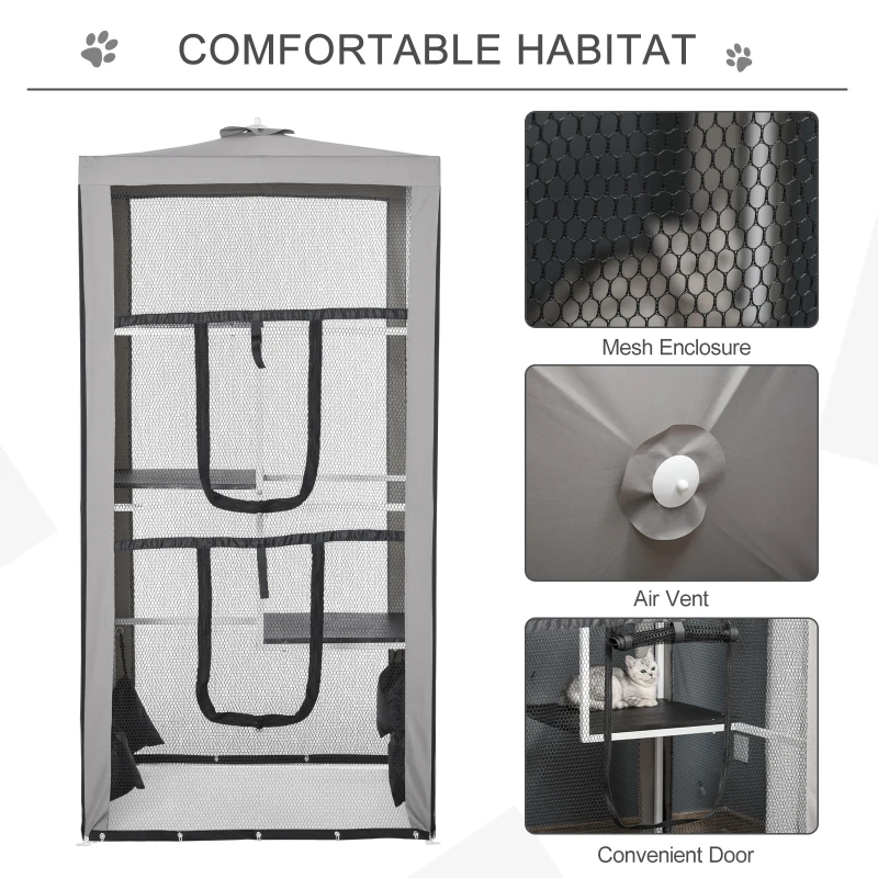 PawHut 79"H Catio Outdoor Cat Enclosure, Steel Frame Cat Cage with 3 Platforms, 2 Doors and 4 Sandbags for Stability
