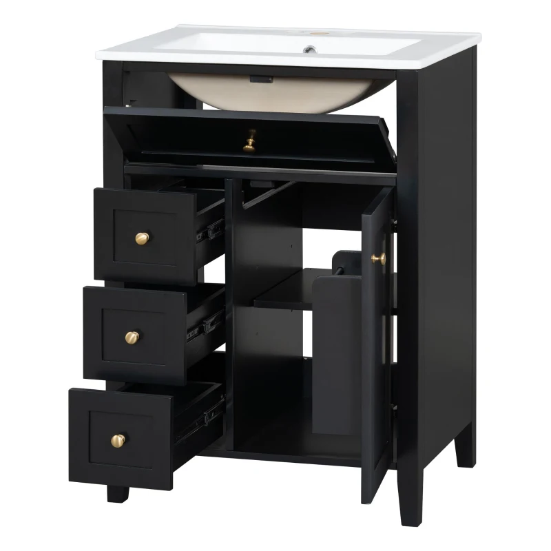 Sleek Bathroom Vanity with Tip-Out Top Drawer and 3 Pull-Out Drawers, Stylish Cabinet with Freestanding Design, 24" L x 18.5" W x 34" H, Black