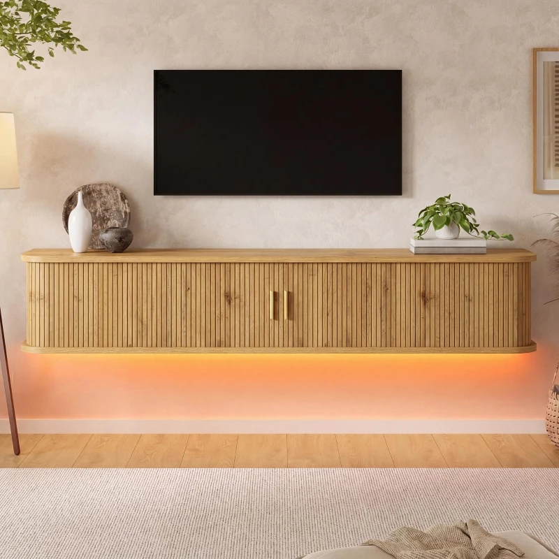 Wall-Mount Floating TV Cabinet with Built-In Cable Management, Sleek Modern Wooden Media Console with Open Shelves, 69'' L x 12'' W x 12'' H, Natural