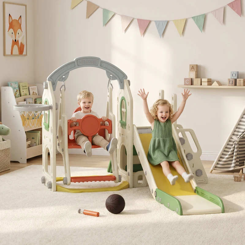 Qaba 6-in-1 Toddler Slide and Swing Set with Adjustable Swing Seat, Ladder, Climbing Wall, Basketball Hoop for Indoor Outdoor