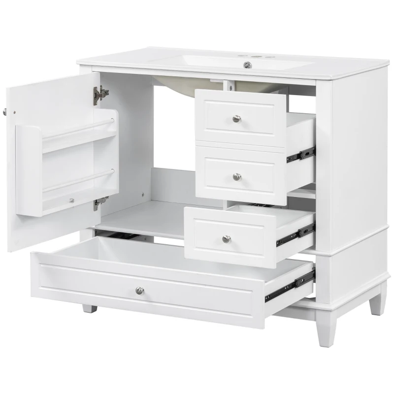 Spacious Bathroom Vanity with 3 Drawers and One-Door Cabinet, Freestanding Cabinet for Small Bathrooms, 36" L x 18.5" W x 33.5" H, White