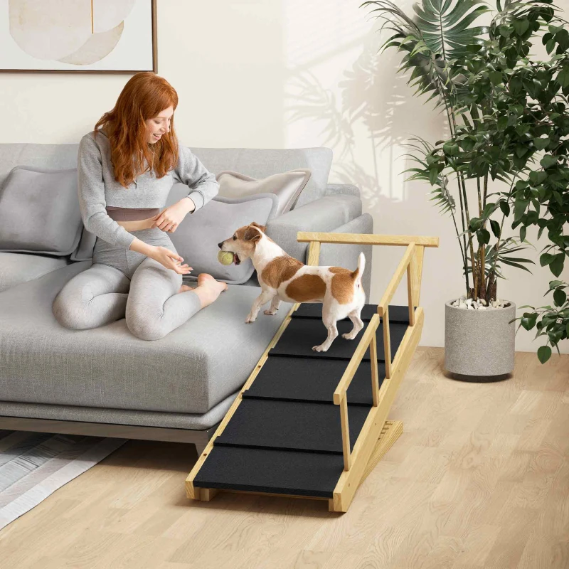 PawHut Dog Ramp, Adjustable Height Pet Steps, Foldable Dog Stairs with Non-slip Mat for Small to Large Dogs