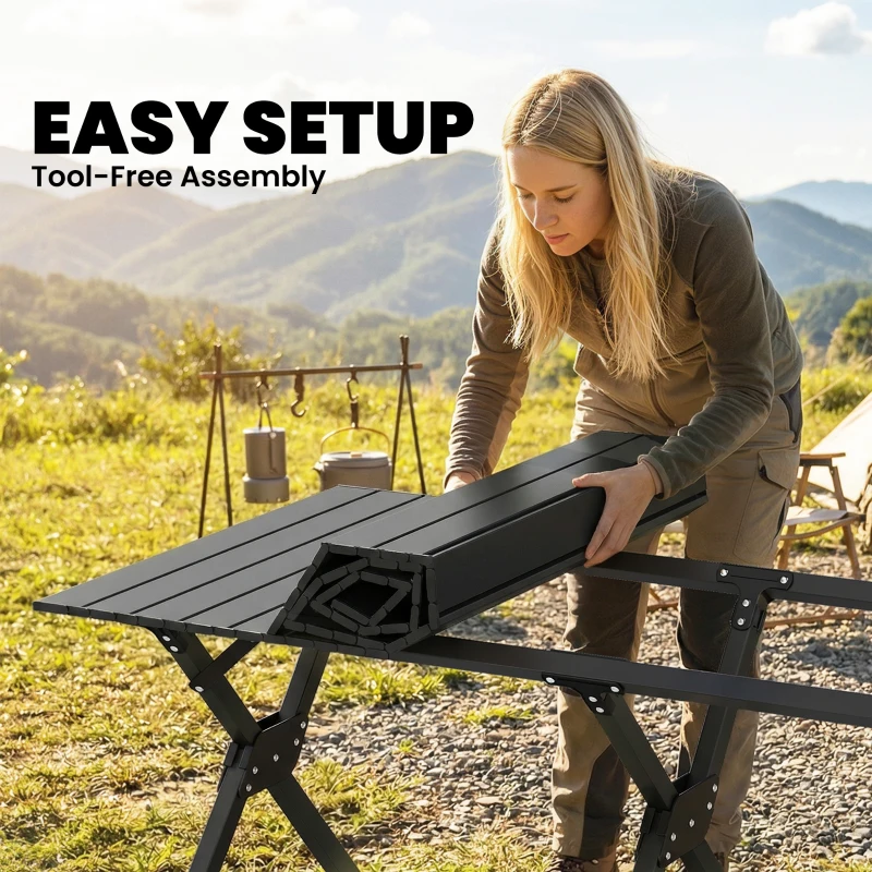 Outsunny 4ft Folding Camping Table, Waterproof Picnic Table with Roll Up Top, Carry Bag and Metal Frame, Black