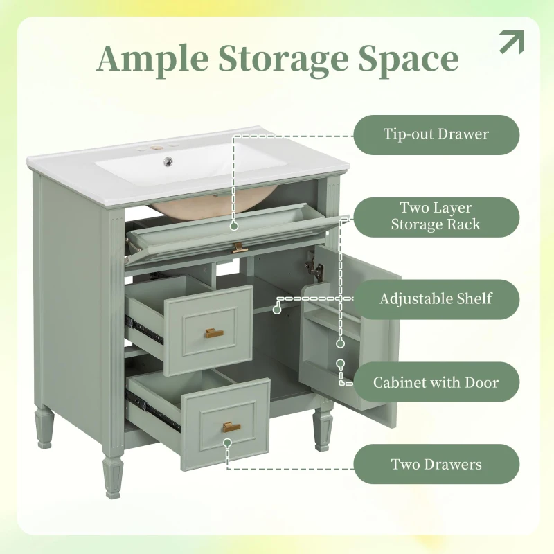 Spacious Vanity with Tip-Out Top Drawer and 2 Left-Side Drawers, Ideal Cabinet for Small-To-Medium Bathrooms, 30" L x 18.5" W x 33.5" H, Green