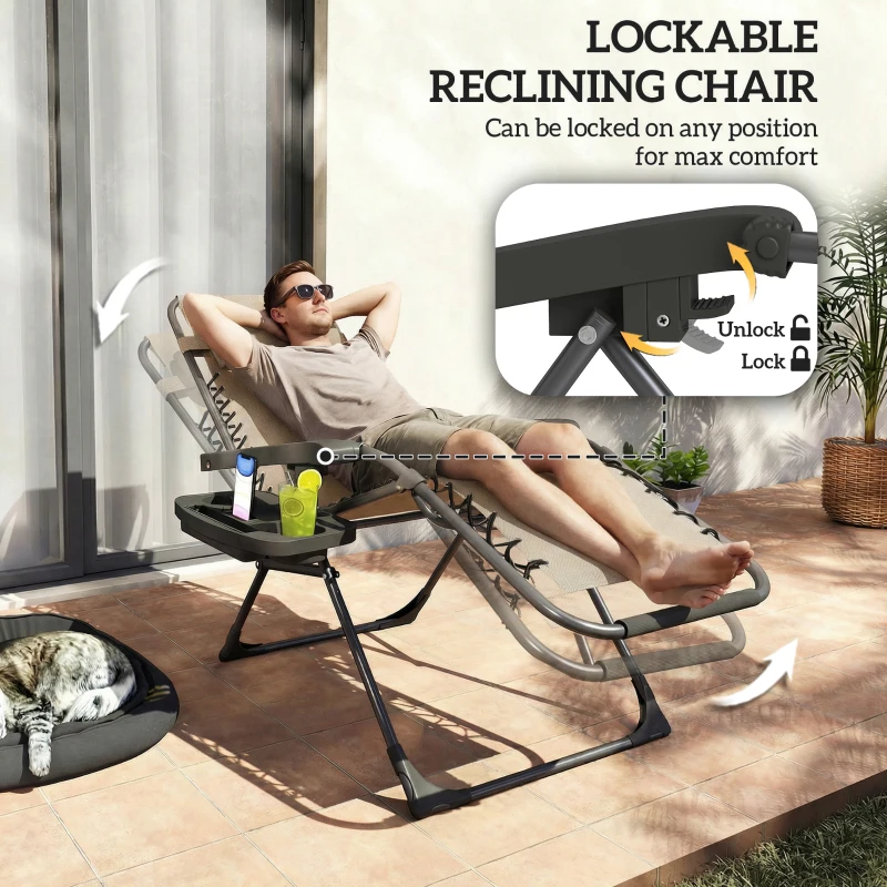 Outsunny Zero Gravity Chair Set of 2, Folding Reclining Outdoor Lounge Chair with Cup Holder, Headrest, Light Brown