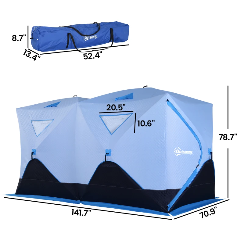 Outsunny 5-8 Person Ice Fishing Shelter, Pop-up Ice Fishing Tent, Ice Shanty, Portable and Insulated, with 2 Doors and Carrying Bag, Light Blue