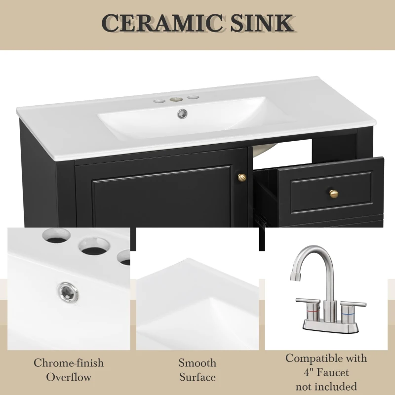Spacious Bathroom Vanity with 3 Drawers and One-Door Cabinet, Freestanding Cabinet for Small Bathrooms, 36" L x 18.5" W x 33.5" H, Black