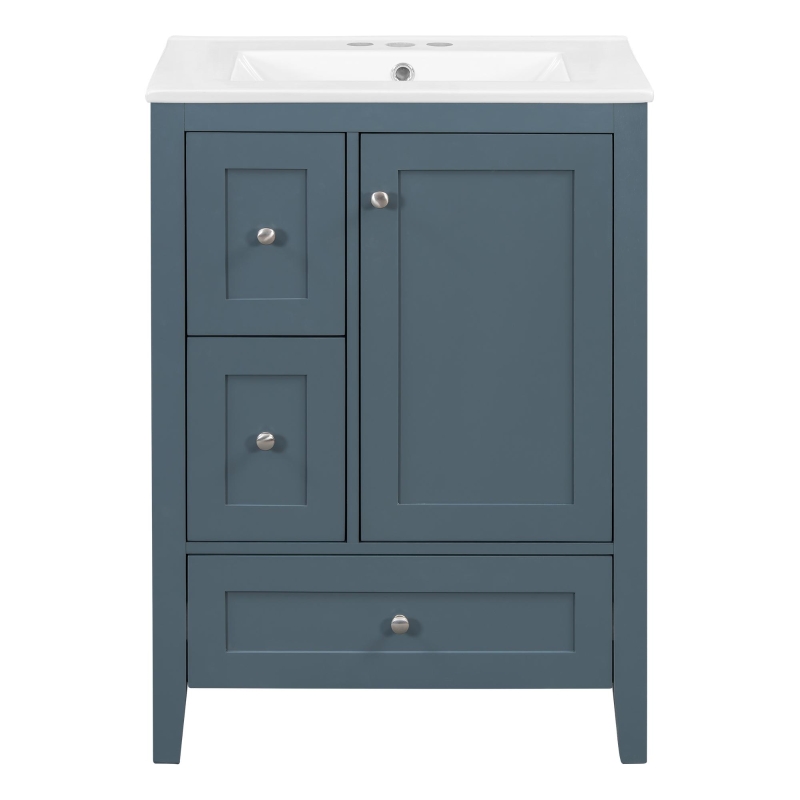 Ample Bathroom Vanity with 2 Upper Drawers and Removable Bottom Drawer, Ideal Cabinet for Small Bathrooms, 24" L x 18.5" W x 34" H, Blue Gray