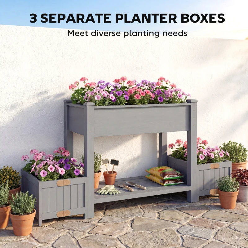 Outsunny Wooden Raised Garden Bed with 2 Foldable Side Pots, Raised Planter with Storage Shelf and Drainage Holes
