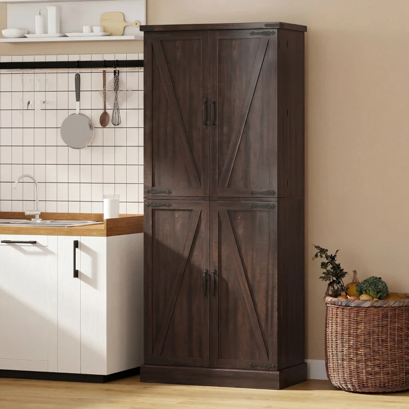 HOMCOM 72" Tall Kitchen Pantry Cabinet, Farmhouse Storage Cabinet with 8 Door Racks and Adjustable Shelves, Distressed Brown