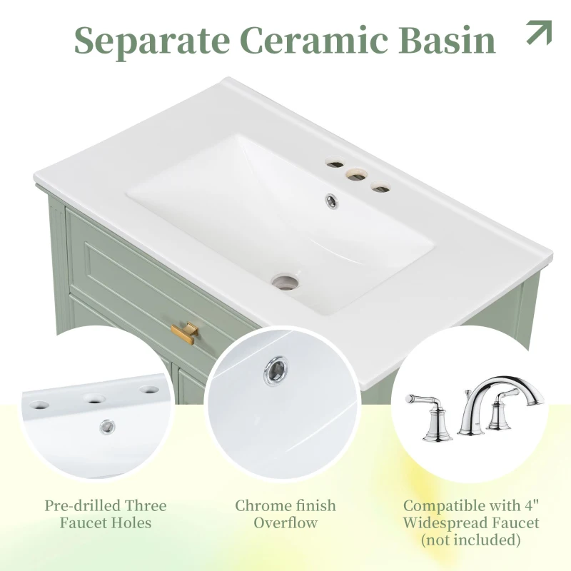 Spacious Vanity with Tip-Out Top Drawer and 2 Left-Side Drawers, Ideal Cabinet for Small-To-Medium Bathrooms, 30" L x 18.5" W x 33.5" H, Green