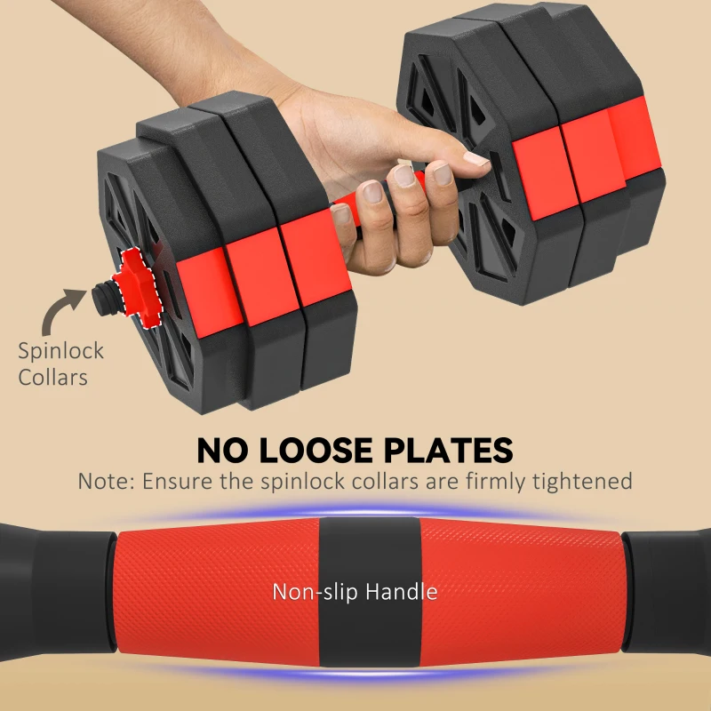 Soozier 6-in-1 Adjustable Dumbbell Set, Used as Kettlebell, Barbell, Dumbbell, Push-Up Stand, 66lbs Free Weights Set, Red